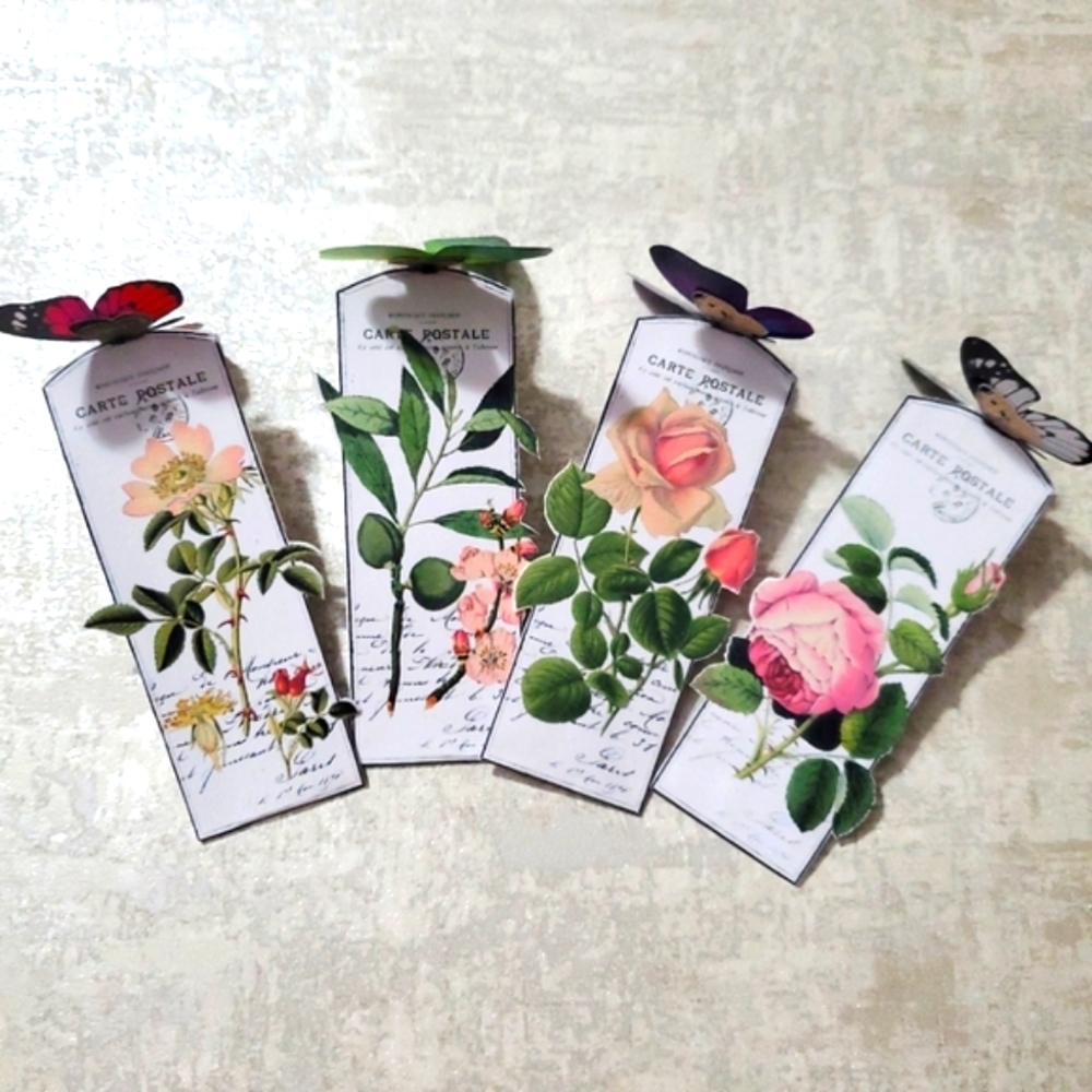 😀 HAND CRAFTED Set of 4 butterfly floral paper bookmarks